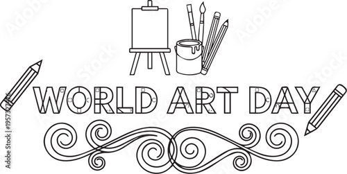   
Black and white World Art Day text with easel brushes pencils and paint bucket vector illustration for creative celebration design