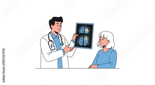 A male doctor shows a brain MRI scan to a concerned female patient at a desk.