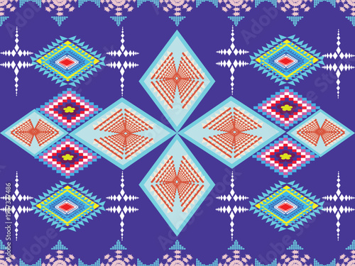 colorful ethnic seamless geometric pattern with diamond shapes on purple background