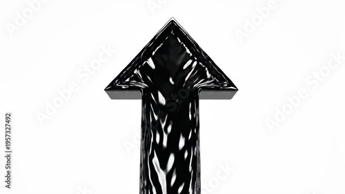 A glossy black oil-like liquid forms a perfect upward-pointing arrow on a clean white background, the dark viscous fluid symbolizing rising crude oil prices and energy market growth in a minimal,