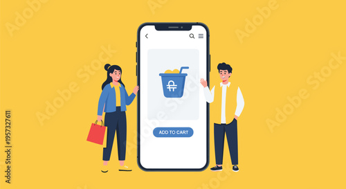A man and a woman stand beside a large smartphone displaying an online shopping cart on a yellow background.