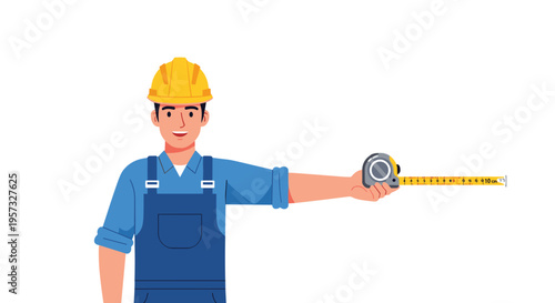 A construction worker in a hard hat and blue overalls holds a yellow measuring tape horizontally.