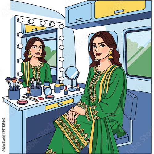 Actress sitting in dressing room mirror with makeup kit wearing green embroidered traditional outfit