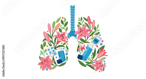 Stylized human lungs are intricately formed from pink lily flowers, green leaves, blue asthma inhalers, and various pills.