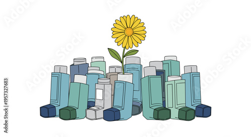 A yellow daisy flower with green leaves grows upwards from a cluster of blue and green asthma inhalers.