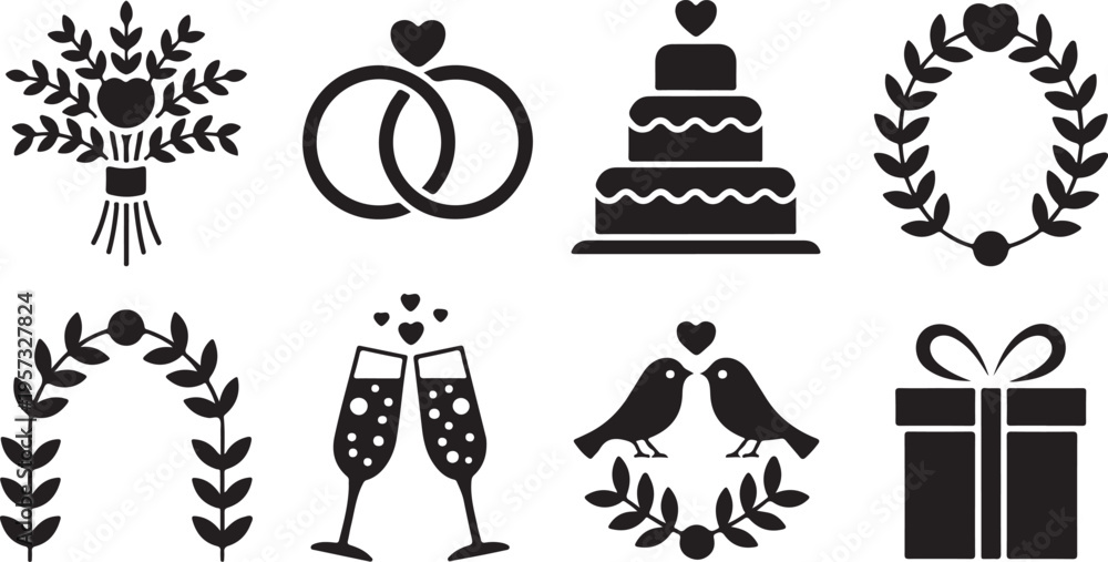Naklejka premium A set of elegant black silhouette icons depicting various symbols associated with weddings and special celebrations