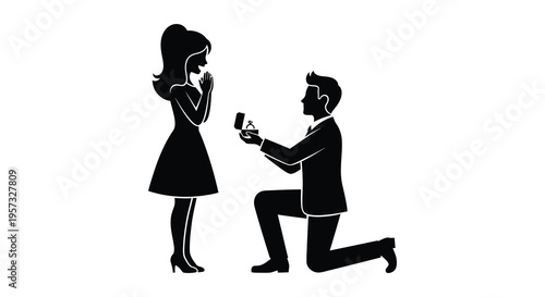 A man proposes to a woman on one knee presenting a ring in a heartfelt moment a striking silhouette