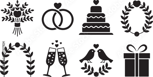 A set of elegant black silhouette icons depicting various symbols associated with weddings and special celebrations