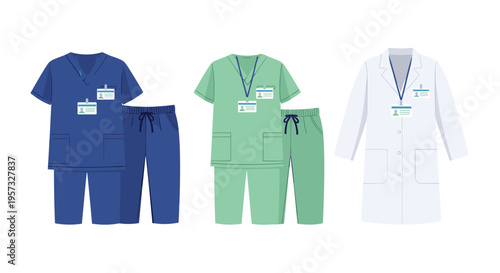 Three distinct medical uniforms, including blue scrubs, green scrubs, and a white lab coat, are neatly arranged on a plain background.
