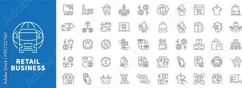 Retail business editable line icons set. shopping, commerce designs