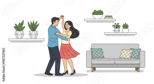 A cartoon couple dances gracefully in a modern living room setting with shelves and a sofa.