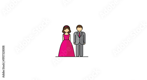 An illustrated bride in a pink dress and a groom in a grey suit stand side-by-side on a white background.
