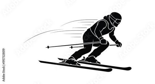 A dynamic depiction of a skier in motion captured as a striking black silhouette high quality professional detailed modern elegant stylish