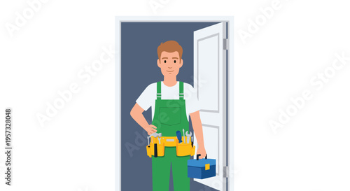 An illustrated male handyman in green overalls stands in a doorway holding a blue toolbox.