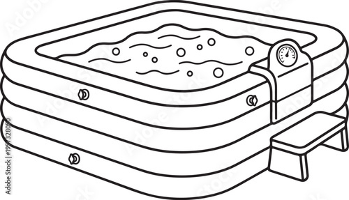Inflatable hot tub, jacuzzi icon, outdoor relaxation, portable spa, bubbling water, line art illustration with details
