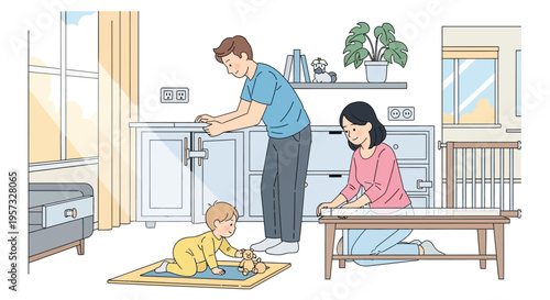 A young family interacts in a bright kitchen with a mother father and baby depicted in a flat silhouette high quality