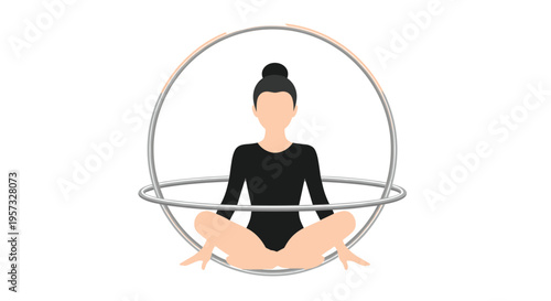 An illustrated person with a bun sits cross-legged inside a silver aerial hoop against a white background.