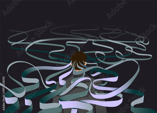 Digital information overload concept, overwhelmed person surrounded by tangled data lines, modern technology stress illustration