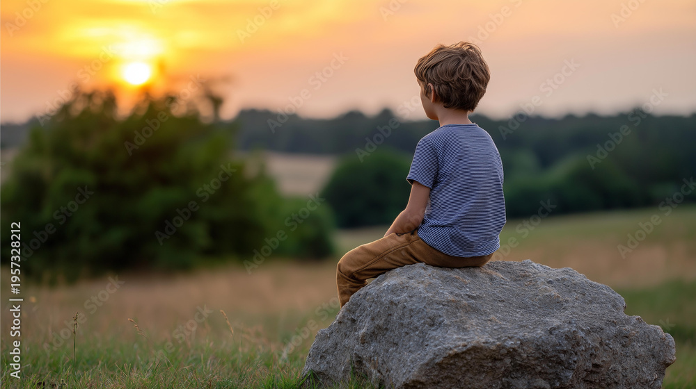 Fototapeta premium Lonely child sitting on a rock outdoors at sunset, emotional sadness and childhood isolation concept, defocused background, with copy space