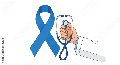 A doctor's hand holds a stethoscope next to a blue awareness ribbon on a white background.