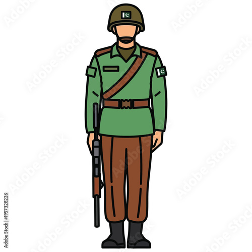 pakistani army soldier standing tall with rifle and green uniform