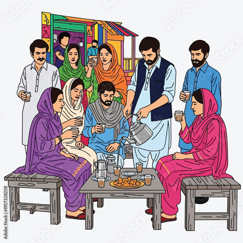 Group of people gathering for tea and snacks at outdoor tea stall with traditional snacks and kettle