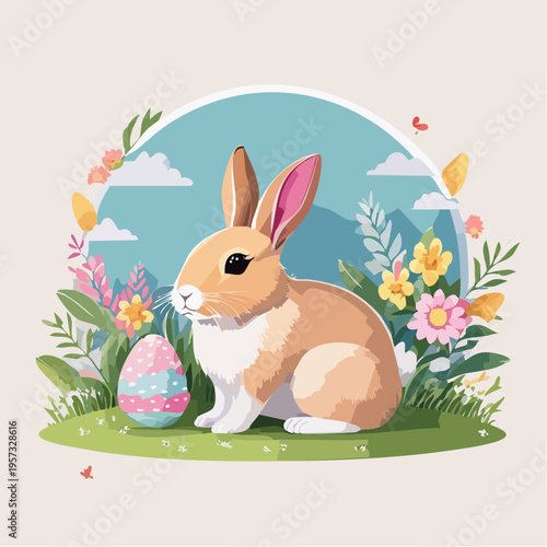 Easter Bunny and Egg Celebration: An adorable, fluffy bunny rabbit sits near a decorated Easter egg, surrounded by flowers and a serene spring landscape. Capturing the spirit of spring, renewal.