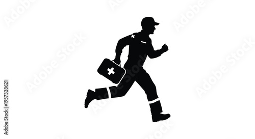 A dynamic black silhouette depicts a medical professional urgently running with a first aid kit embodying swift response silhouette high quality