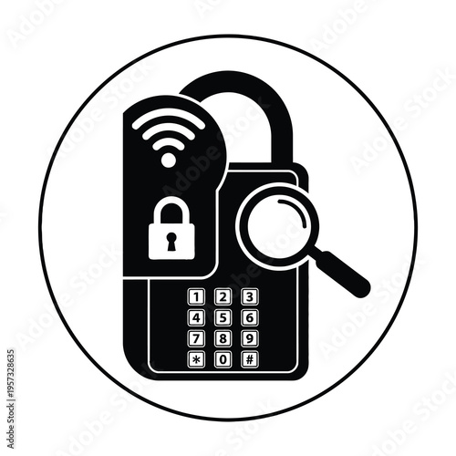 Secure lock with keypad and magnifying glass icon