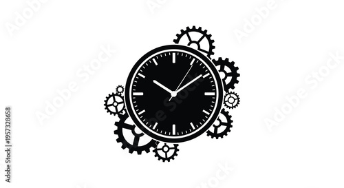 A striking black clock design is surrounded by various gears creating a symbolic representation of time and mechanics silhouette high quality