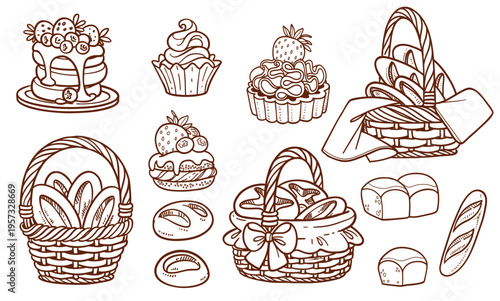 Wicker baskets with bread, loaves and baguettes, baked goods, cakes