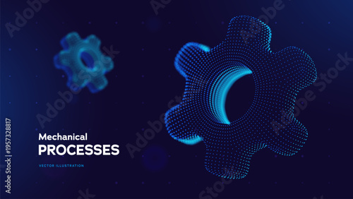 Futuristic Mechanical Processes Design With Blue Dotted Torus, Gear Shaped Ring, And Smooth Technological Flow On Dark Gradient. Industrial Components. Vector Illustration.