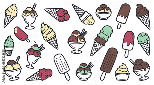 Vibrant collection of refreshing ice cream desserts and frozen treats featuring various styles like cones, sundaes, popsicles, and scoops, perfect for sweet summer menus and fun designs
