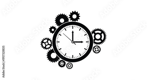 A striking black silhouette of a clock surrounded by gears representing time and mechanics with a bold design silhouette high quality