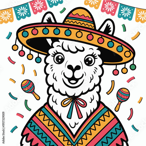 Cute cartoon llama wearing traditional mexican sombrero and colorful festive blanket