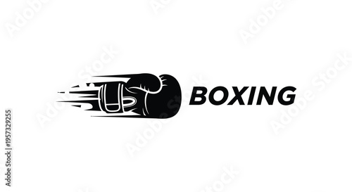 A dynamic boxing glove punches forward with speed lines accompanied by bold text striking silhouette high quality professional detailed modern elegant