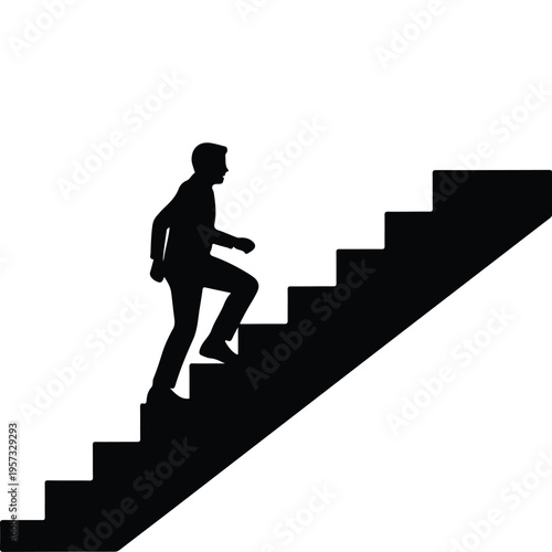A silhouette of a person climbing up a flight of stairs representing progress and ambition goals Vector