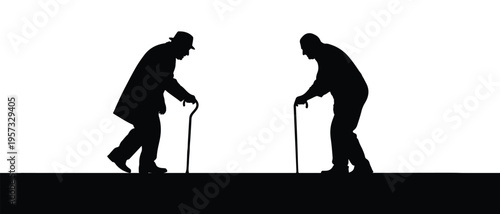 A black silhouette of two elderly men with walking canes facing each other on a bright background Vector