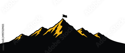 A minimalist vector illustration of a mountain peak with a flag representing success and victory Vector