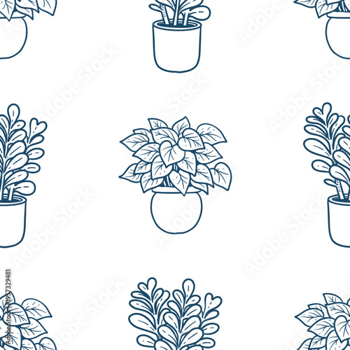 Seamless pattern from house plants in graphically arranged pots on white background