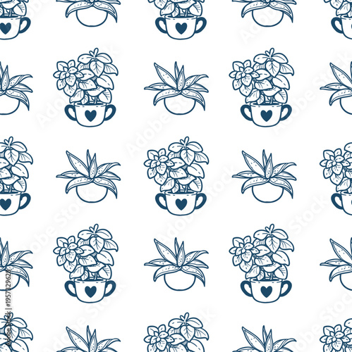 Seamless pattern from leafy plant and aloe vera in graphically arranged pots on white background