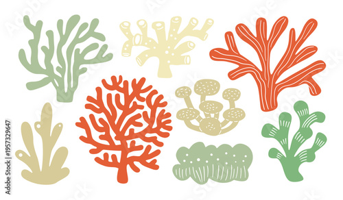 Abstract underwater flora, simple organic coral set. Modern silhouette elements, sea or ocean summer collection. Reef nautical botany illustration. For decoration, print, design. Tropical exotic.