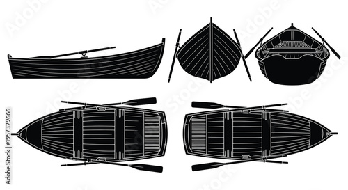 Detailed black and white illustrations showcase various views of a rowboat presenting a striking silhouette high quality professional detailed modern elegant