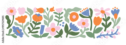 Simple naive flowers set. Collection of summer or spring flora. Stickers plants and flowers. Cute color palette. Set of beautiful bloom in cartoon doodle modern style. Childish illustration print.