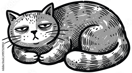 Quirky line art drawing depicting a lazy gray cat with a distinct grumpy face, curled up and looking displeased or sleepy
