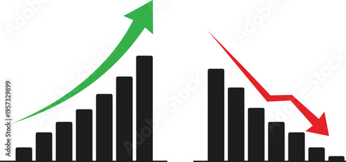 Financial growth and decline comparison chart, business analytics concept with rising green arrow and falling red arrow, market performance illustration
