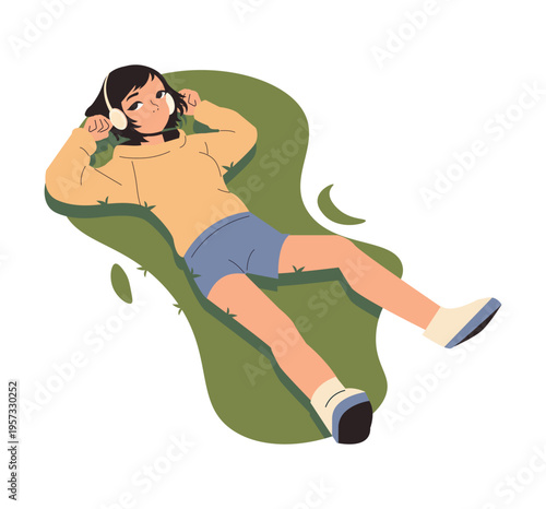 Girl Relaxing on Grass Listening to Music Vector Illustration