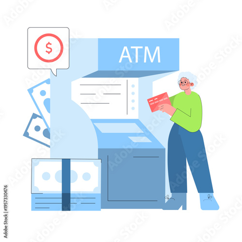 Elderly Woman Withdrawing Cash from ATM Vector Illustration