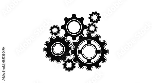 A collection of black gears arranged in a dynamic composition creating a mechanical industrial aesthetic silhouette high quality professional detailed modern