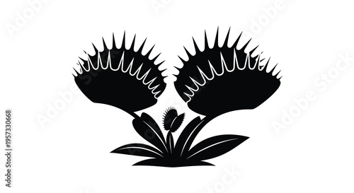 A striking black silhouette depicts a venus flytrap with an open trap and a small flower silhouette high quality professional detailed